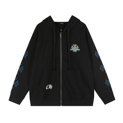 Chrome Hearts Black Blue Floral Cross Zip Up Hoodie