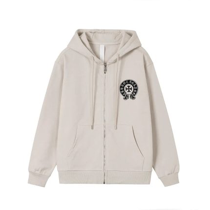 Chrome Hearts Ivory Black Horseshoe Logo Zip-Up Hoodie
