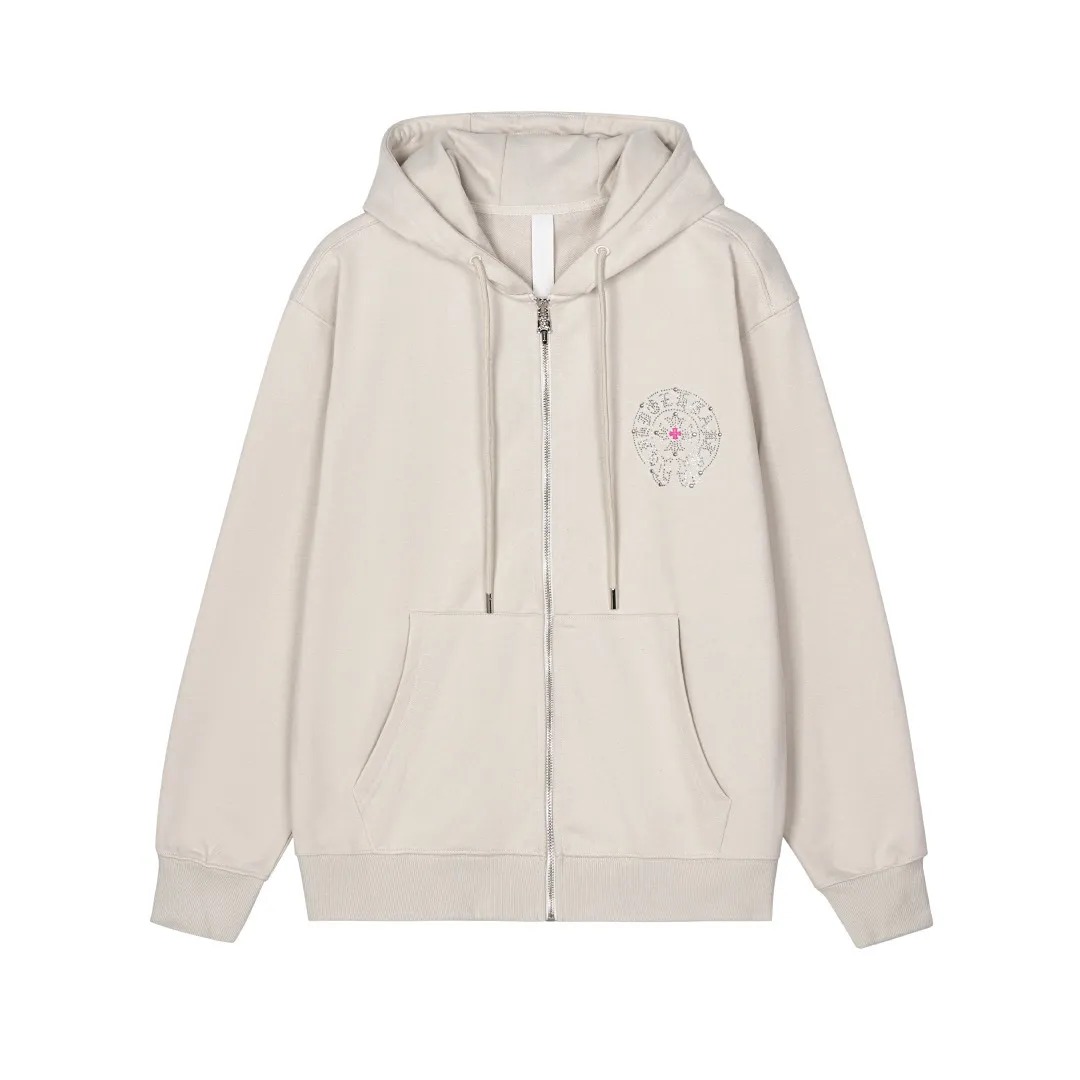 Chrome Hearts Ivory Rhinestone Cross Zip-Up Hoodie Chrome Hearts Ivory Rhinestone Cross Zip-Up Hoodie
