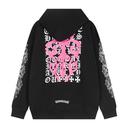 Chrome Hearts Pink Cross Leather Patch Zip Hoodie Black