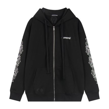 Chrome Hearts Pink Cross Leather Patch Zip Hoodie Black