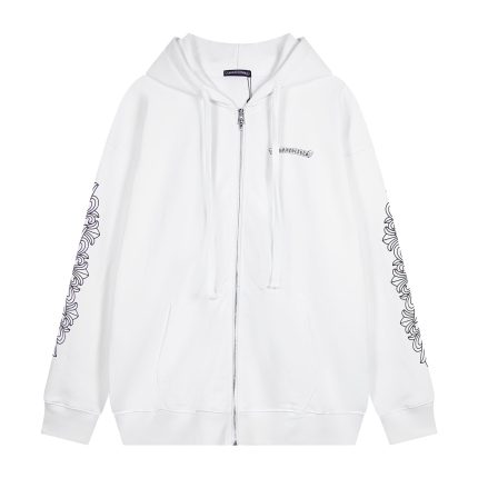 Chrome Hearts Pink Cross Leather Patch Zip Hoodie White