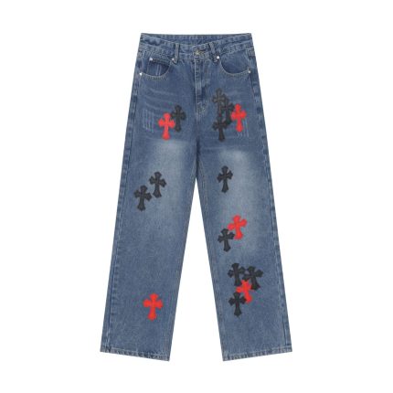 Chrome Hearts Red & Black Cross Patch Blue Jeans