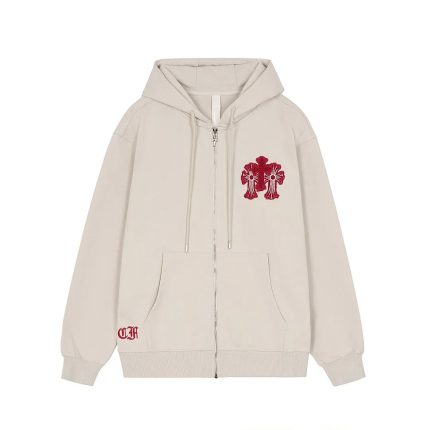 Chrome Hearts Red Distressed Horseshoe Zip-Up Hoodie