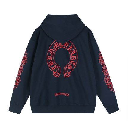 Chrome Hearts Red Horseshoe Logo Zip Hoodie Navy