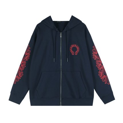 Chrome Hearts Red Horseshoe Logo Zip Hoodie Navy