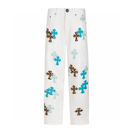 Chrome Hearts White Aqua Leopard Cross Patch Jeans