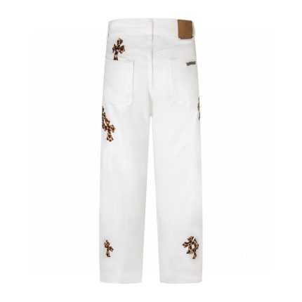Chrome Hearts White Mental Nation Leopard Cross Jeans