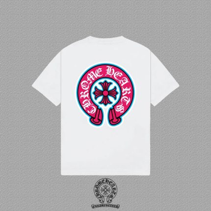 Chrome Hearts White Pink Horseshoe Cross Graphic T-Shirt